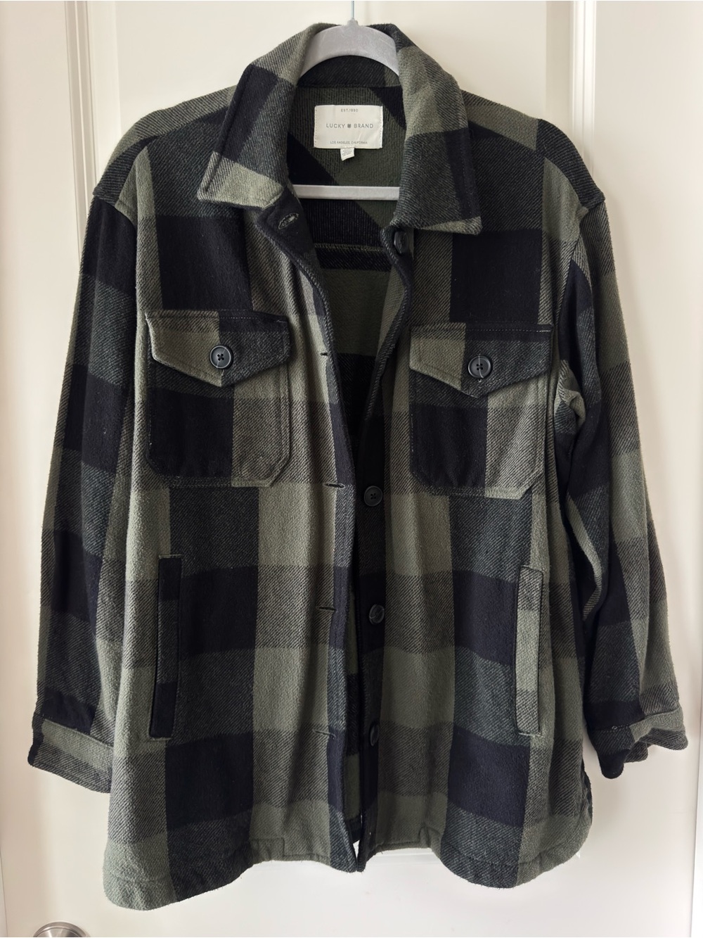 Lucky Brand Olive and Black Plaid Teddy Shacket